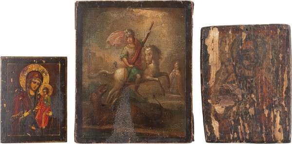 Auction 161<br>DREI KLEINFORMATIGE IKONEN MIT DER DREIHÄNDIGEN GOTTESMUTTER, DEM HEILIGEN GEORG DEM DRACHENTÖTER UND EINEM HEILIGEN
