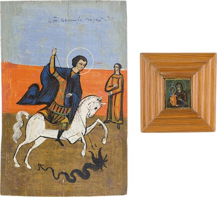 Auction 161<br>ZWEI IKONEN: MINIATUR-IKONE MIT DER GOTTESMUTTER TRICHEIROUSA UND HEILIGER GEORG DER DRACHENTÖTER