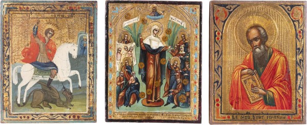 Auktion 161<br>DREI MINIATUR-IKONEN: HEILIGER GEORG DER DRACHENTÖTER, GOTTESMUTTER 'FREUDE ALLER LEIDENDEN' UND DER EVANGELIST JOHANNES