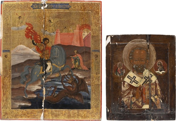 Auction 161<br>ZWEI IKONEN: GROSSFORMATIGE IKONE MIT DEM HEILIGEN GEORG DEM DRACHENTÖTER UDLIGE IKOLAUS VON MYRA