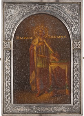 Auction 161<br>SEHR FEINE IKONE MIT DEM HEILIGEN ALEXANDER NEWSKI MIT SILBERMONTIERUNG