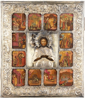 Auction 161<br>SEHR SELTENE UND SEHR FEINE VITA-IKONE MIT DEM HEILIGEN ALEXIUS, MANN GOTTES, MIT VERMEIL-BASMA