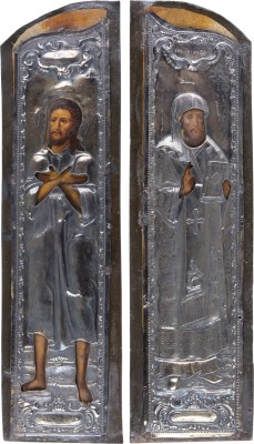 Auction 161<br>ZWEI GROSSFORMATIGE FLÜGEL EINES TRIPTYCHONS MIT EINEM BISCHÖFLICHEN HEILIGEN (JOHANNES CHRYSOSTOMUS?) UND ALEXIUS, MANN GOTTES MIT SILBER-OKLAD