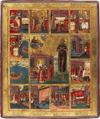 Auktion 161<br>SELTENE UND GROSSFORMATIGE VITA-IKONE MIT DEM HEILIGEN ALEXIUS, MANN GOTTES