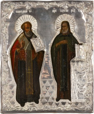 Bild KLEINE IKONE MIT DEN HEILIGEN NIKOLAUS VON MYRA UND SERGEJ VON RADONESCH MIT SILBER-RIZA