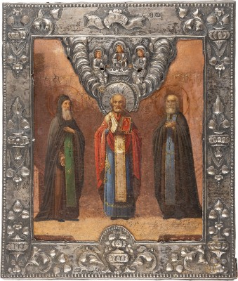 Picture PATRONATSIKONE MIT DEN HEILIGEN HEILIGEN MAKARI VON UNZHA, NIKOLAUS VON MYRA UND SERGEJ VON RADONESCH MIT SILBER-RIZA