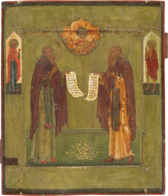 Auktion 161<br>FEINE IKONE MIT DEN HEILIGEN PAISIJ UND SERGEJ VON RADONESCH MIT SILBER-RIZA