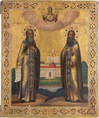 Auction 161<br>SEHR FEINE SIGNIERTE UND DATIERTE IKONE MIT DEN HEILIGEN KLOSTERGRÜNDERN ZOSIMA UND SAWATIJ