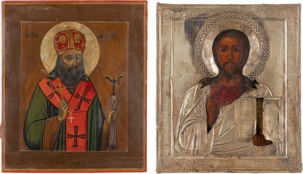 Auction 161<br>ZWEI IKONEN: CHRISTUS PANTOKRATOR MIT SILBER-OKLAD UND HEILIGER FEODOSIJ VON UGLITSCH