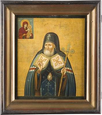 Auktion 161<br>DATIERTE IKONE MIT DEM HEILIGEN MITROFAN VON WORONESCH IM KIOT