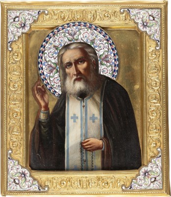 Auktion 161<br>IKONE MIT DEM HEILIGEN SERFAFIM VON SAROW MIT CLOISONNÉ-EMAIL-OKLAD