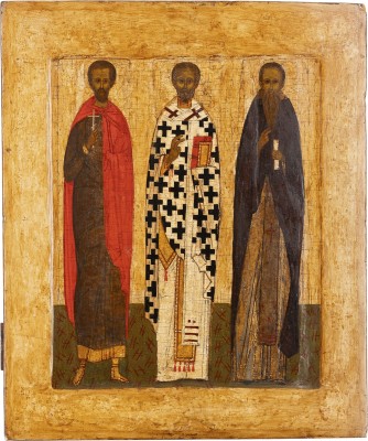 Auction 161<br>IKONE MIT DEM HEILIGEN NIKOLAUS VON MYRA FLANKIERT VON EINEM MÄRTYRER UND EINEM MÖNCHSHEILIGEN