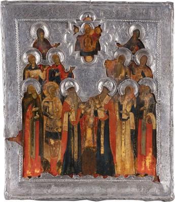 Picture PATRONATSIKONE MIT ZWÖLF HEILIGEN UND DER GOTTESMUTTER DES ZEICHENS MIT SILBER-RIZA