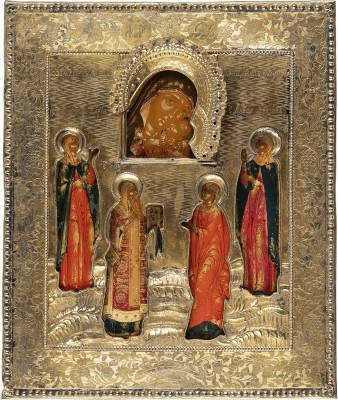 Auktion 161<br>SEHR FEINE PATRONATSIKONE MIT DER GOTTESMUTTER 'KORSUNSKAJA' UND DEN HEILIGEN DARIA, ALEXIUS, METROPOLIT VON MOSKAU, MARIA MAGDALENA UND AGRIPINA MIT VERMEIL-RIZA