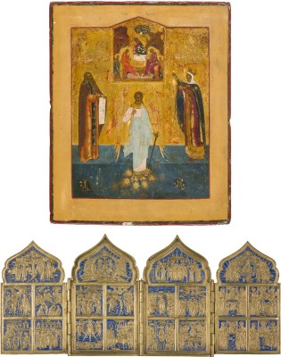 Auktion 161<br>PATRONATSIKONE MIT DEM SCHUTZENGEL FLANKIERT VON DEN HEILIGEN JOHANNES VON DAMASKUS UND BARBARA UND DER ALTTESTAMENTLICHEN DREIFALTIGKEIT UND TETRAPTYCHON