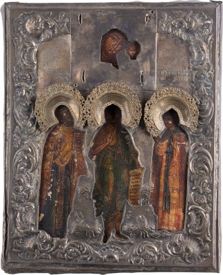 Bild PATRONATSIKONE MIT DER GOTTESMUTTER VON KASAN (KASANSKAJA) MIT DEN HEILIGEN NIKOLAUS VON MYRA, JOHANNES DEM VORLÄUFER UND DER HEILIGEN PARASKEWA MIT OKLAD