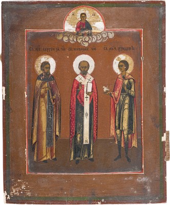 Bild PATRONATSIKONE MIT DEN HEILIGEN SERGEJ VON RADONESCH, NIKOLAUS VON MYRA UND TRIFON