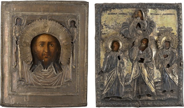 Auction 161<br>ZWEI IKONEN MIT OKLAD: MANDYLION UND PATRONATSIKONE MIT DREI AUSGEWÄHLTEN HEILIGEN