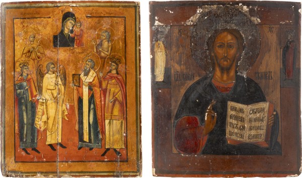 Bild ZWEI IKONEN: CHRISTUS PANTOKRATOR UND PATRONATSIKONE MIT SECHS HEILIGEN