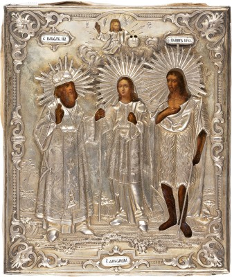 Auction 161<br>PATRONATSIKONE MIT DEN HEILIGEN BISCHOF PAWEL, ALEXANDRA UND JOHANNES DEM VORLÄUFER MIT VERMEIL-OKLAD