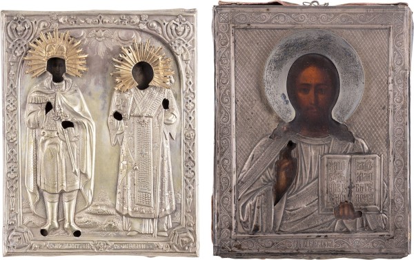 Auction 161<br>ZWEI KLEINE IKONEN MIT OKLAD: CHRISTUS PANTOKRATOR UND DIE HEILIGEN DEMETRIUS UND METHODIUS