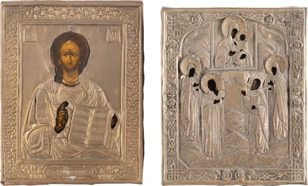 Bild ZWEI KLEINE IKONEN MIT OKLAD: CHRISTUS PANTOKRATOR UND PATRONATSIKONE