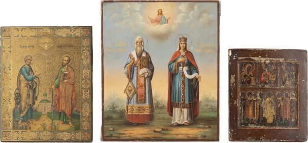 Auktion 161<br>DREI IKONEN: KLEINE ZWEIFELDER-IKONE MIT DEESIS UND HEILIGEN, DIE HEILIGEN ALEKSEJ METROPOLIT VON MOSKAU UND ALEXANDRA UND DIE APOSTEL PETRUS UND PAULUS