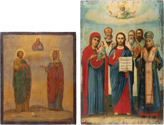 Auktion 161<br>ZWEI GROSSFORMATIGE IKONEN MIT CHRISTUS, DER GOTTESMUTTER UND AUSGEWÄHLTEN HEILIGEN