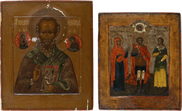 Auktion 161<br>ZWEI IKONEN: HEILIGER NIKOLAUS VON MYRA UND PATRONATSIKONE MIT DREI HEILIGEN