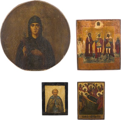 Auction 161<br>VIER KLEINFORMATIGE IKONEN MIT AUSGEWÄHLTEN HEILIGEN UND DEM ENTSCHLAFEN DER GOTTESMUTTER