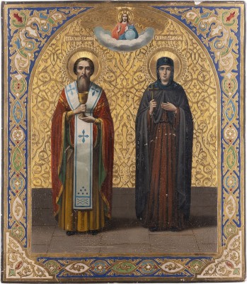 Auktion 161<br>SIGNIERTE IKONE MIT DEN HEILIGEN BASILIUS DEM GROSSEN UND EUDOKIA