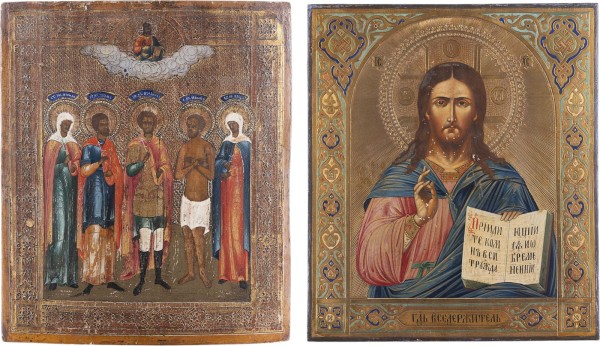 Auktion 161<br>ZWEI IKONEN: CHRISTUS PANTOKRATOR UND PATRONARSIKONE MIT DEN HEILIGEN NEONILLA, KOSMAS, THEODOR, JOHANNES DER VIELDULDER UND WASSA