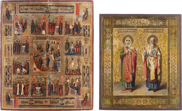 Auction 161<br>ZWEI IKONEN: PATRONATSIKONE MIT DEN HEILIGEN BARBARA UND BASILIUS DEM GROSSEN SOWIE FESTTAGSIKONE