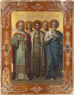 Auktion 161<br>DATIERTE PATRONATS-IKONE MIT DEN HEILIGEN ALEXANDRA, JULIA, ALEXANDER NEWSKI, LYDIA UND EWGENIJ