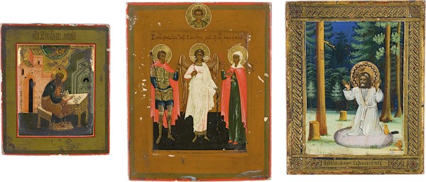 Auktion 161<br>DREI KLEINFORMATIGE IKONEN: HEILIGER SERAFIM VON SAROW, EVANGELIST MATTHÄUS UND DER SCHUTZENGEL MIT ZWEI HEILIGEN
