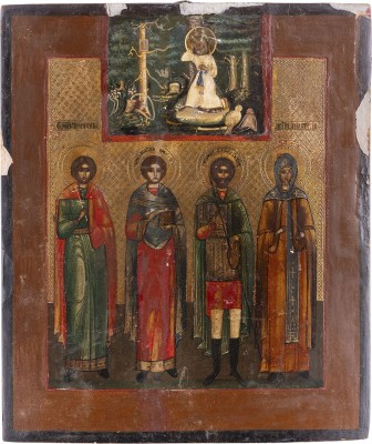Bild IKONE MIT DEN HEILIGEN TRIFON, PANTELEIMON, THEODOR TIRON UND ANASTASIA MIT DEM HEILIGEN SERAFIM VON SAROW