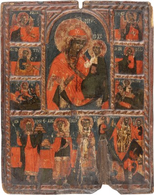 Bild GROSSE IKONE MIT DER GOTTESMUTTER HODEGETRIA ENTOURIERT VON AUSGEWÄHLTEN HEILIGEN UND DER VERKLÄRUNG CHRISTI