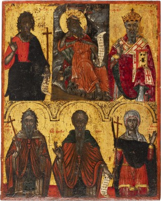 Auktion 161<br>SEHR FEINE MEHRFELDER-IKONE MIT AUSGEWÄHLTEN HEILIGEN, DARUNTER JOHANNES DER VORLÄUFER, DER PROPHET ELIAS UND PARASKEWA
