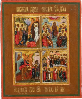 Bild KLEINE VIERFELDER-IKONE MIT DER ERWECKUNG DES LAZARUS, PFINGSTEN, DER ENTHAUPTUNG JOHANNES DES VORLÄUFERS UND DER POKROW