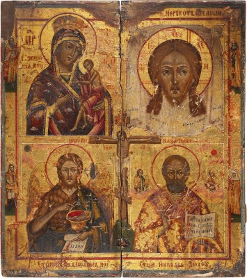 Bild GROSSFORMATIGE VIERFELDER-IKONE MIT DER GOTTESMUTTER 'O VSEPETAJA MATI' (OH DU VON ALLEN GEPRIESENE MUTTER), DEM MANDYLION, JOHANNES DER VORLÄUFER UND DEM HEILIGEN NIKOLAUS VON MYRA