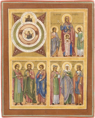 Bild KLEINE VIERFELDER-IKONE MIT DEM ALLES SEHENDEN AUGE GOTTES, SOPHIA MIT IHREN TÖCHTERN UND AUSGEWÄHLTEN HEILIGEN