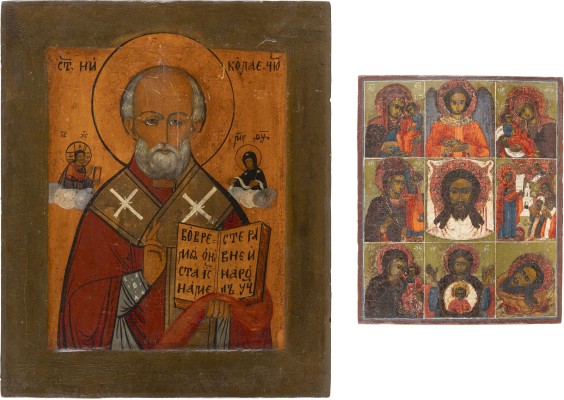 Auktion 161<br>ZWEI IKONEN: MEHRFELDER-IKONE MIT GNADENBILDER DER GOTTESMUTTER UND HEILIGER NIKOLAUS VON MYRA