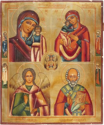 Bild GROSSE VIERFELDER-IKONE MIT GNADENBILDERN DER GOTTESMUTTER, DEM ERZENGEL GABRIEL UND DEM HEILIGEN NIKOLAUS VON MYRA