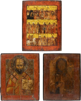 Auction 161<br>DREI IKONEN: CHRISTUS PANTOKRATOR, HEILIGER NIKOLAUS VON MYRA UND MEHRFELDER-IKONE MIT DER HÖLLENFAHRT UND AUSGEWÄHLTEN HEILIGEN