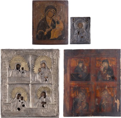 Auktion 161<br>DREI IKONEN: HEILIGER NIKOLAUS VON MYRA, GOTTESMUTTER IWERSKAJA UND VIERFELDER-IKONE MIT GNADENBILDERN DER GOTTESMUTTER