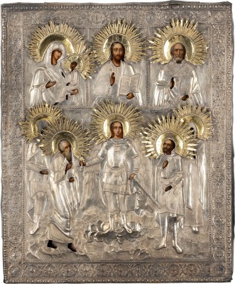 Auction 161<br>GROSSFORMATIGE VIERFELDER-IKONE MIT DER GOTTESMUTTER VON TICHWIN, CHRISTUS PANTOKRATOR, DEM HEILIGEN NIKOLAUS VON MYRA UND AUSGEWÄHLTEN HEILIGEN MIT SILBER-OKLAD