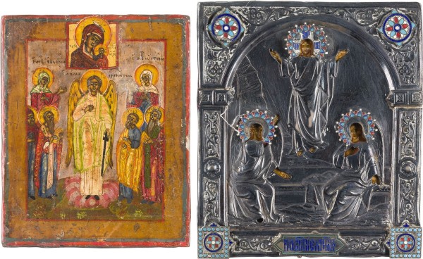 Auction 161<br>ZWEI KLEINE IKONEN: AUFERSTEHUNG CHRISTI MIT CLOISONNÉ-EMAIL-OKLAD UND PATRONATSIKONE MIT DEM SCHUTZENGEL UND HEILIGEN