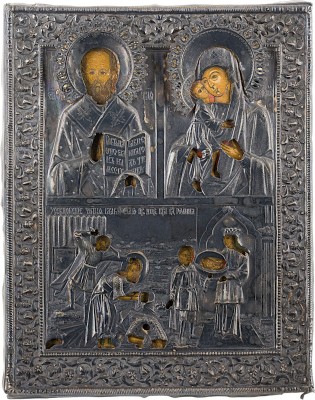 Picture KLEINE DREIFELDER-IKONE MIT SILBER-OKLAD: HEILIGER NIKOLAUS VON MYRA, GOTTESMUTTER FEODOROWSKAJA UND ENTHAUPTUNG JOHANNES DES VORLÄUFERS
