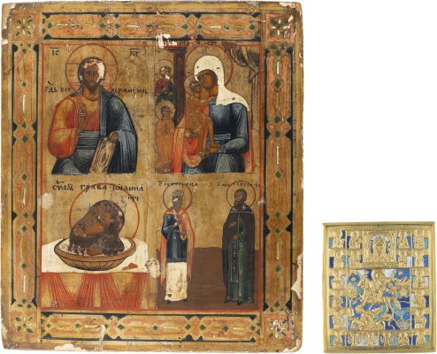 Auktion 161<br>VIERFELDER-IKONE MIT CHRISTUS PANTOKRATOR, DER GOTTESMUTTER 'AUFFINDEN DER VERLORENEN' UND HEILIGEN UND BRONZE-IKONE MIT DEM HEILIGEN DEMETRIUS