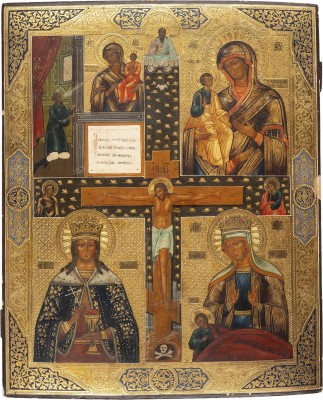 Bild MONUMENTALE VIERFELDER-IKONE MIT DER GOTTESMUTTER 'UNERWARTETE FREUDE', DER GOTTESMUTTER TRUÌCHEIROUSA, DER HEILIGEN BARBARA UND DER GOTTESMUTTER 'UMILENIE'